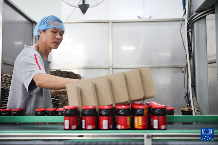   工作人员在老干妈生产线上整理货品（8月20日摄）。新华社记者 刘续 摄