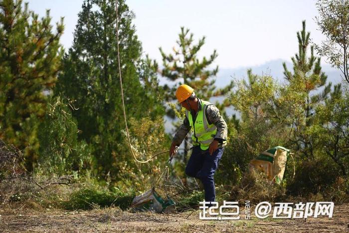 悬崖造林队队员整理装备进行植树。