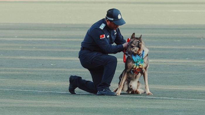 10月22日，即将退休的民警张志和功勋昆明犬“飞龙”入场。新华社记者 任沁沁 摄