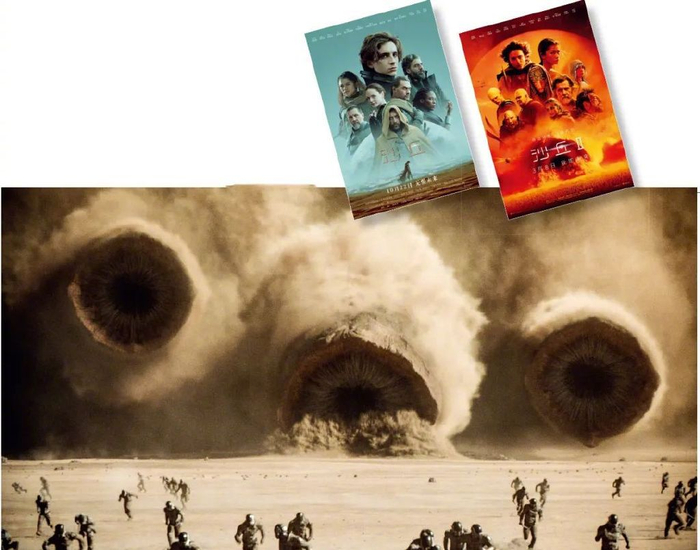 《沙丘1》《沙丘2》海报及《沙丘2》剧照。