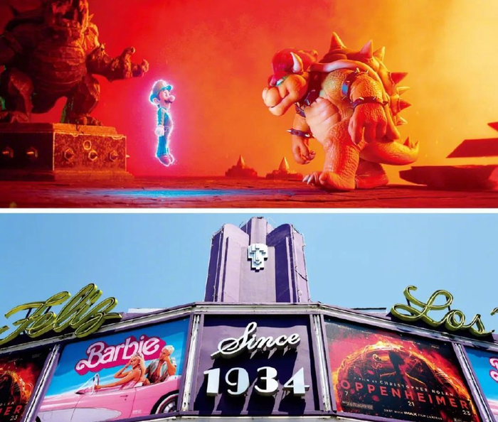 上图：《超级马力欧兄弟大电影》剧照。下图：2023年7月28日，美国一家剧院入口处的《芭比》和《奥本海默》等电影海报。