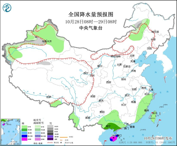 图2 全国降水量预报图（10月28日08时-29日08时）