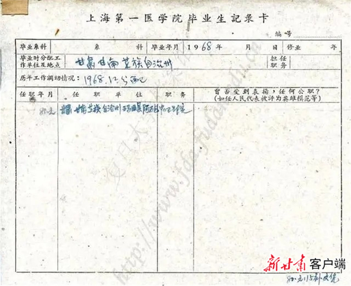 上海第一医学院毕业生记录卡，记录了王万青的毕业去向——甘肃甘南藏族自治州玛曲县阿万仓中心卫生院。资料图
