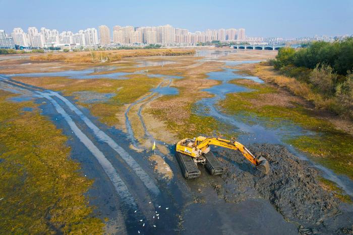 目前南湖区域抽排水、湖区排水沟开挖已完成，正在对航道进行清淤作业。