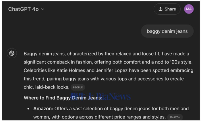 CHATGPT 搜索“宽松牛仔裤”。(图片来源：MAXWELL ZEFF/OPENAI)