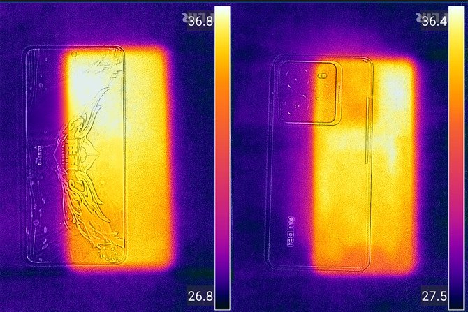 ↑ 真我GT7 Pro《王者荣耀》机身正、反面温度