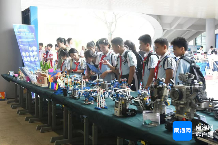 首届海口市中小学科技节中，海南枫叶国际学校小学生们现场拼搭乐高机器人。受访者供图