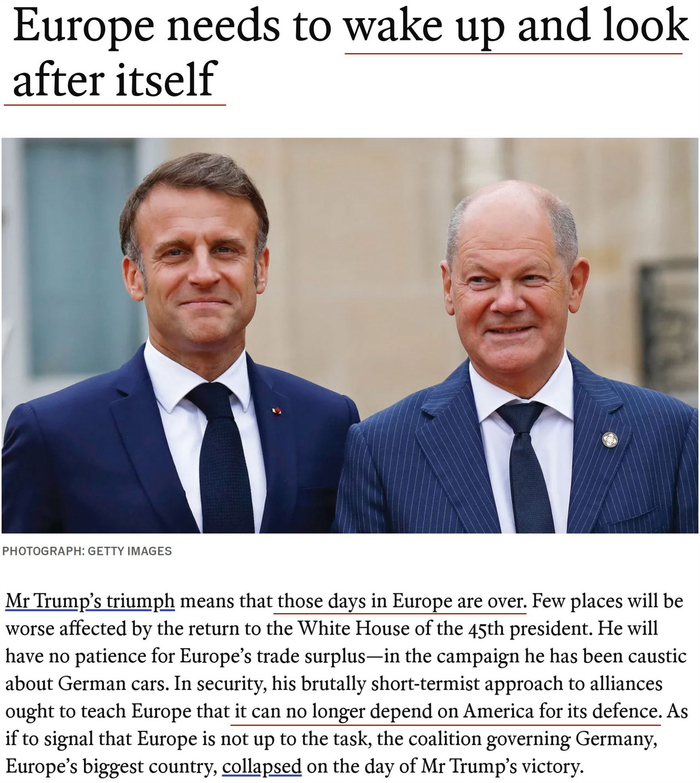 △英国《经济学人》杂志文章截图（题图为法国总统马克龙和德国总理朔尔茨）