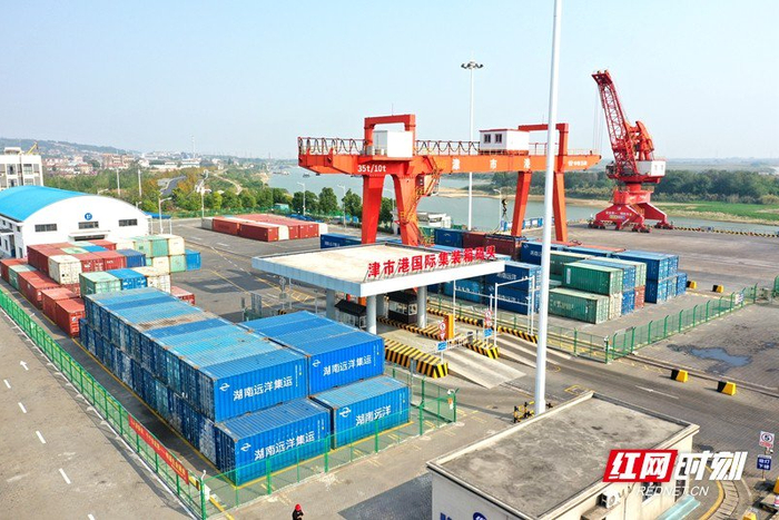 图为津市港国际集装箱码头现场。