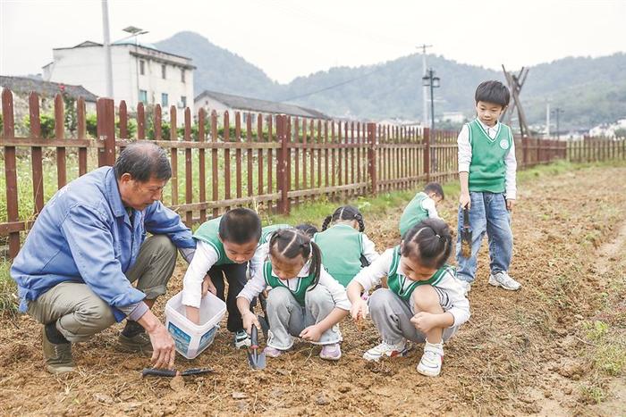 近日，参加研学游的浙江省诸暨市某幼儿园的孩子们在璜山镇溪北村的农田里学习种玉米。 新华社记者 徐昱 摄