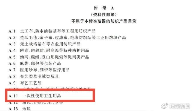 附录A“不属于本标准范围的纺织产品目录”。来源：《国家纺织产品基本安全技术规范》