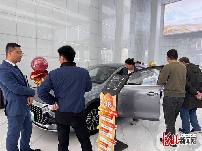 10月29日，石家庄市比亚迪4S店内，销售人员（左一）正在给前来咨询的顾客介绍。 河北日报记者 白 云摄