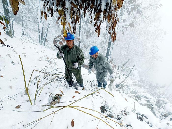 国网郧西县供电公司员工在齐膝深的积雪中艰难跋涉，清理线下覆冰严重的树木隐患。