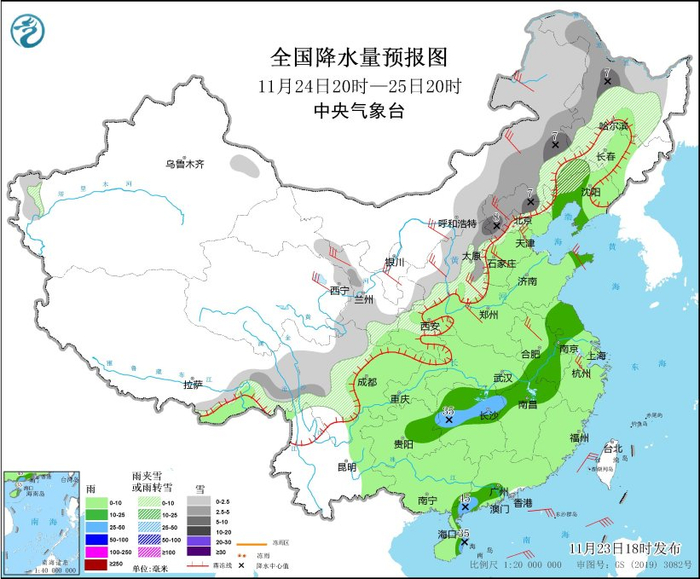 图6 全国降水量预报图（11月24日20时-25日20时）