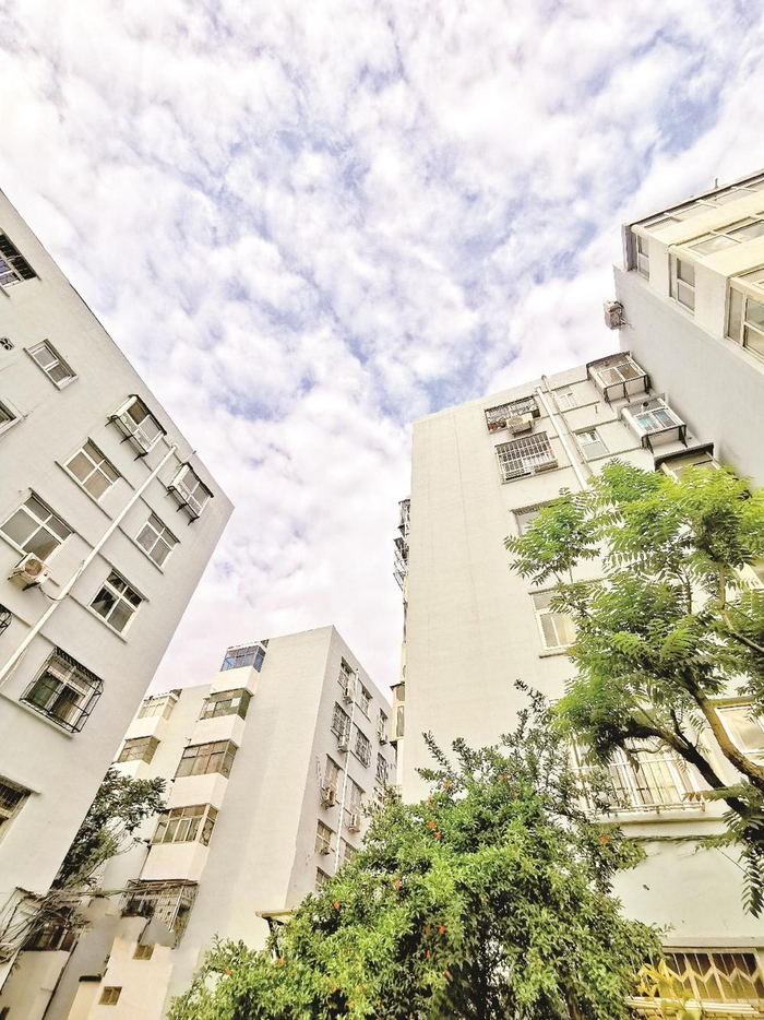         蓝天白云下的建西一社区。   王丹丹 摄    