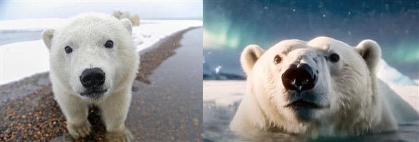 左：真实北极熊 右：可口可乐 AI 北极熊｜图源：作者自制