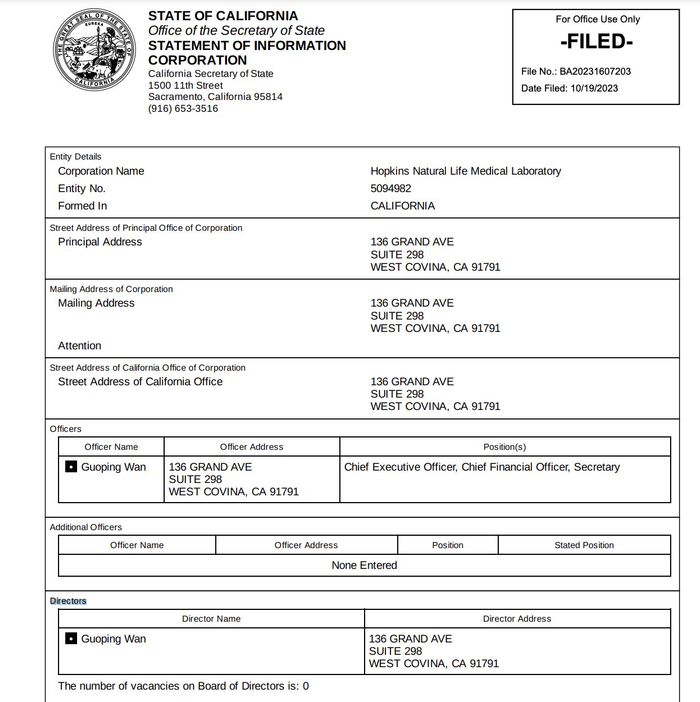 霍普金斯自然生命医学实验室2023年10月的公司信息存档记录，截自加利福尼亚州州务卿办公室网站