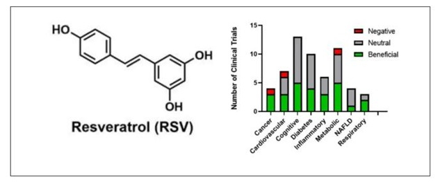 图注：白藜芦醇的结构与临床试验结果统计