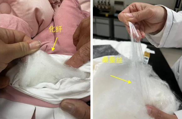 （上图为化纤与桑蚕丝对比）