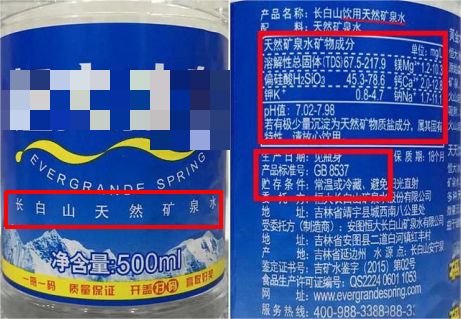 图2 瓶装矿泉水的瓶身标签示例图（图片来源于网络）