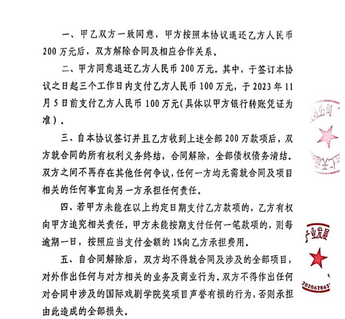 2023年10月双方公司签订的合同解除协议，按协议应退还200万元赞助费。 受访者 供图