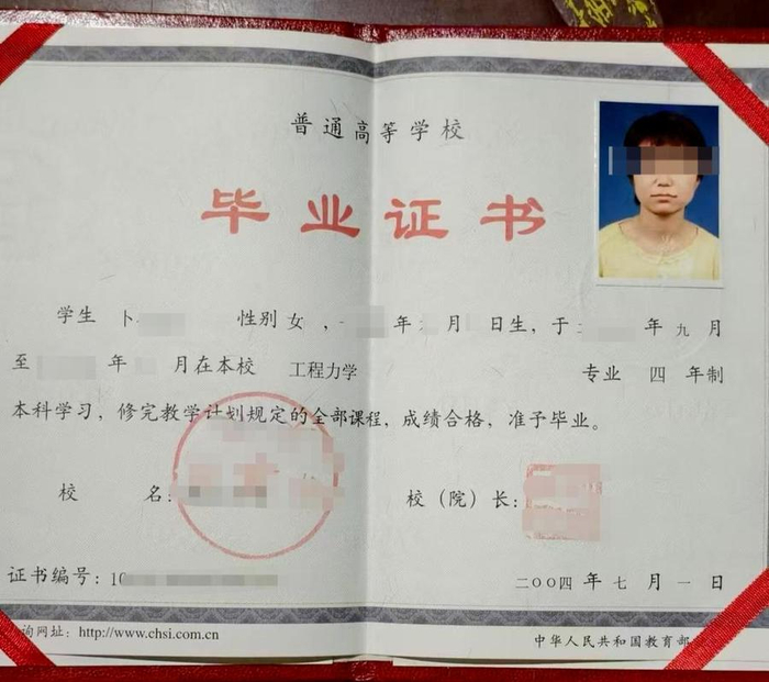 卜女士的本科毕业证书