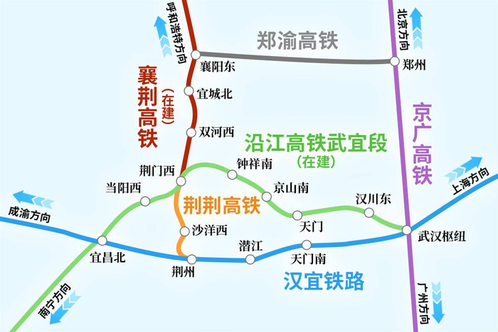 荆荆高铁及周边高铁线路示意图
