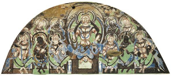             克孜尔石窟第17号窟主室前壁上方  弥勒说法图          