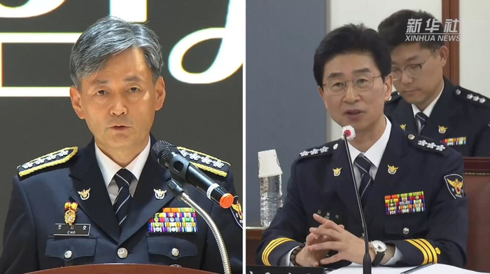 韩国警察厅厅长赵志浩（左）和首尔警察厅厅长金峰植（右）。新华社视频截图