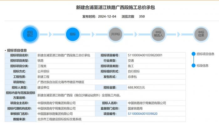 新建合浦至湛江铁路广西段施工总价承包的招标公告。网页截图