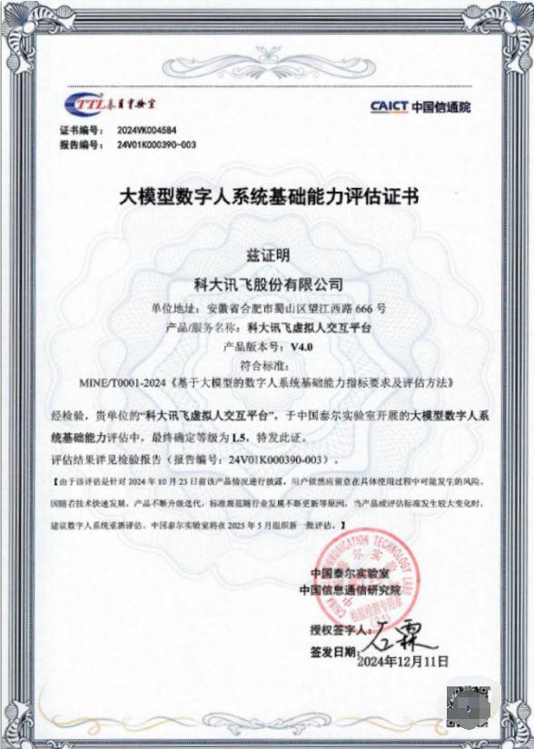 首批!“讯飞AI虚拟人交互平台”获中国信通院大模型数字人基础能力L5级认证