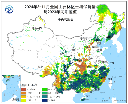 图4 2024年3-11月全国主要林区水土保持功能与2023年同期对比