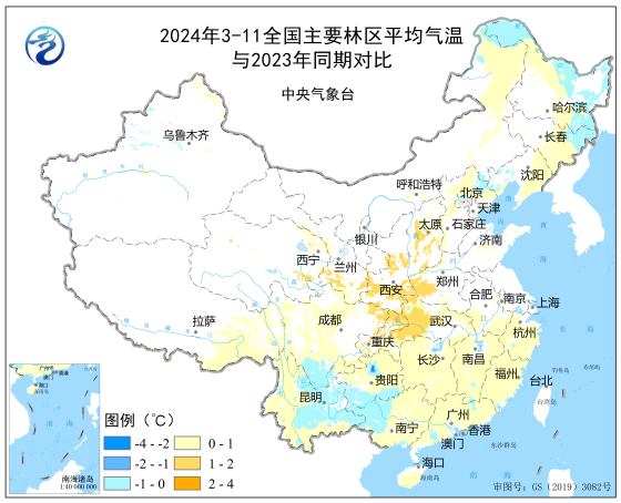 图1 2024年3-11月全国主要林区平均气温距平及与2023年同期对比
