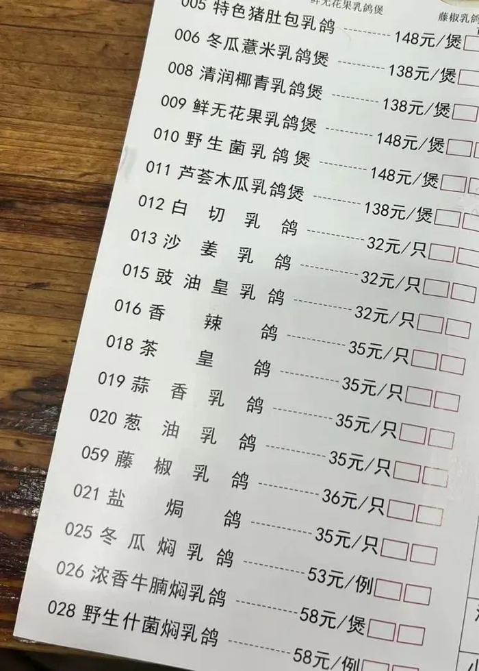 ▲ 一家餐馆的餐牌，中山人对乳鸽料理的想象力惊人