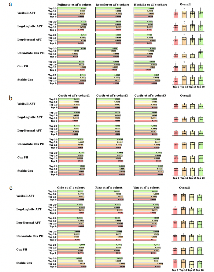 (在肝癌、乳腺癌、⿊⾊素瘤上StableCox与其他方法在多个独立测试集上的C-index比较)