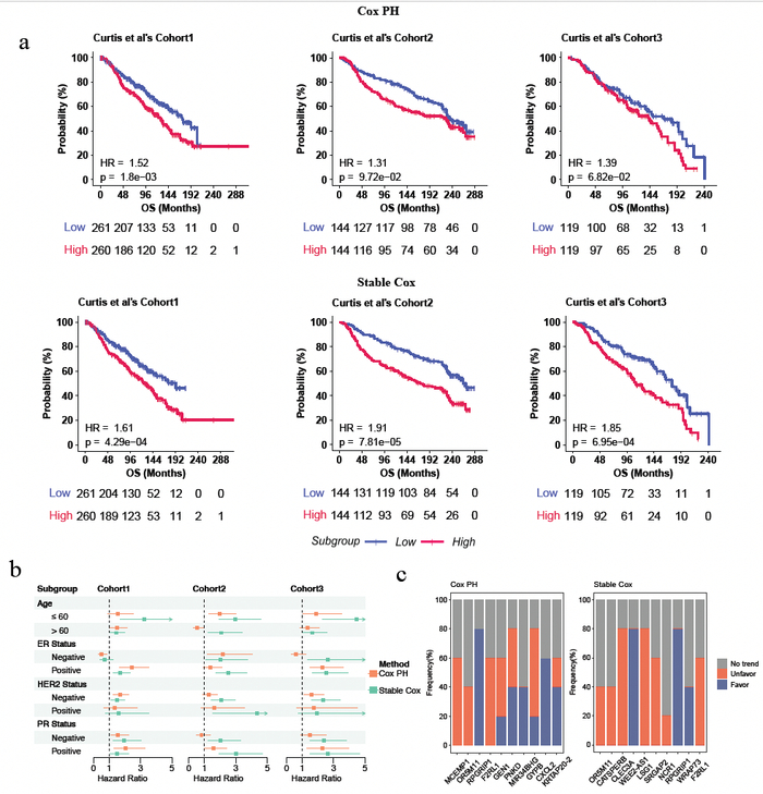 (Stable Cox的预后亚型人群分组结果，以及标志物在不同中心预后一致性统计）