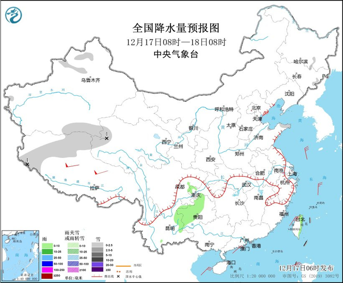 图1 全国降水量预报图（12月17日08时-18日08时）