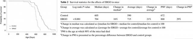 图3 麦角硫因促进小鼠长寿试验一（Control为未服用麦角硫因的对照组，ERGO为服用麦角硫因的试验组）