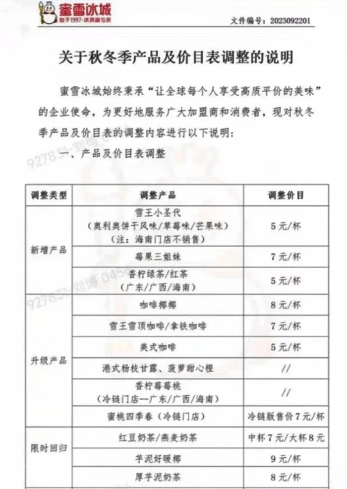 图源：蜜雪冰城《关于秋冬季产品及价目表调整的说明》文件截图