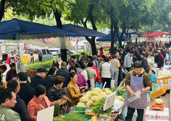 每逢赶场日，丹鹤社区农贸市场人来人往（央广网发  黄银雪  摄）
