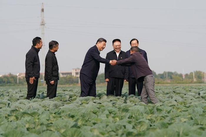 △2024年11月5日,习近平总书记在湖北咸宁市嘉鱼县潘家湾镇十里蔬菜长廊考察时,同菜农亲切交流。