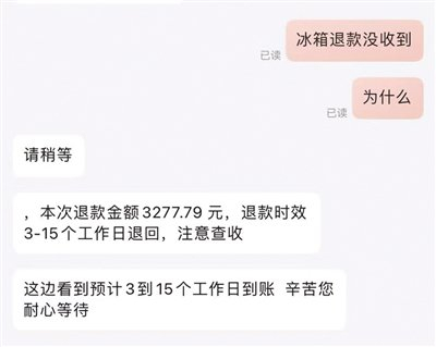 购物平台客服对张玉称预计3-15个工作日到账。 受访者供图