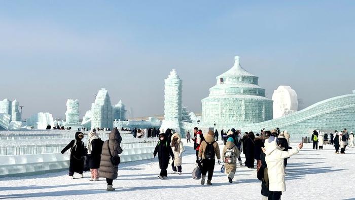 哈尔滨冰雕吸引游客纷至沓来（央广网见习记者 张瀚予 摄）