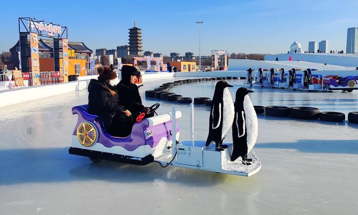 企鹅元素的电动冰车好玩有趣。李洪涛/摄