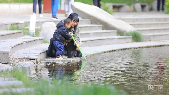 市民在水磨沟公园内进行亲水活动（央广网记者 郭璁悦 摄）