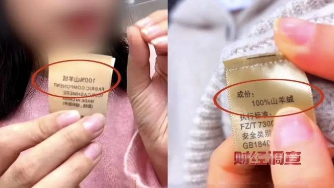 ▲主播卖力地向消费者证明其产品是100%山羊绒的材质。图/央视新闻