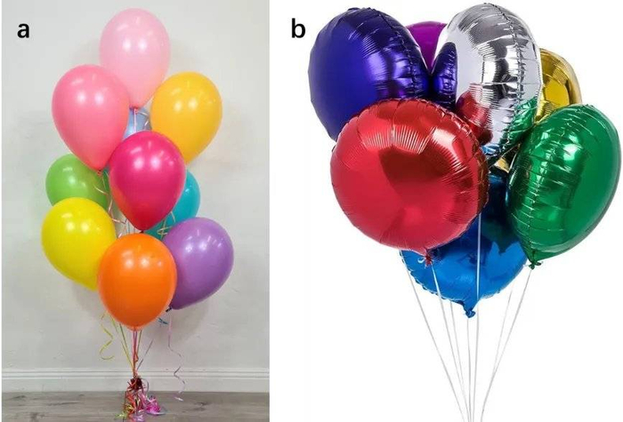图3 (a) 乳胶材质气球；(b) 铝膜材质气球