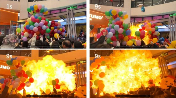 图1 视频第1s，群众在争抢气球；视频第9s，有黄色火焰产生，并在1s之内迅速引燃两簇气球，现场发生燃爆事故。