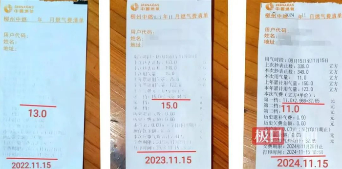 一居民连续3年同期每2个月的用气量（受访者供图）