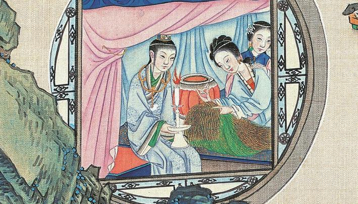 《红楼梦图册》（局部）勇晴雯病补雀金裘。孙温  绘